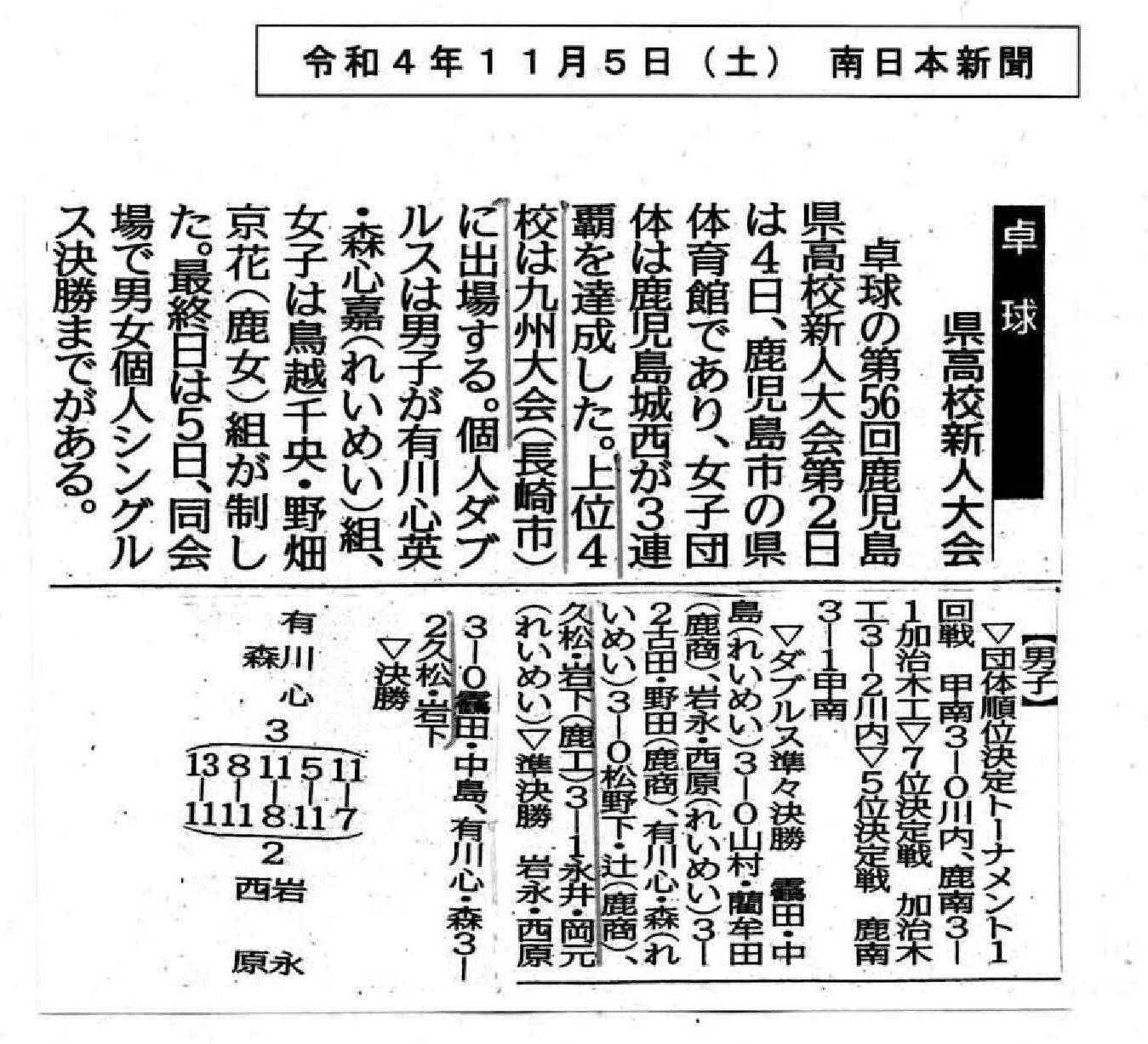 00令和４年11月５日 卓球　南日本新聞