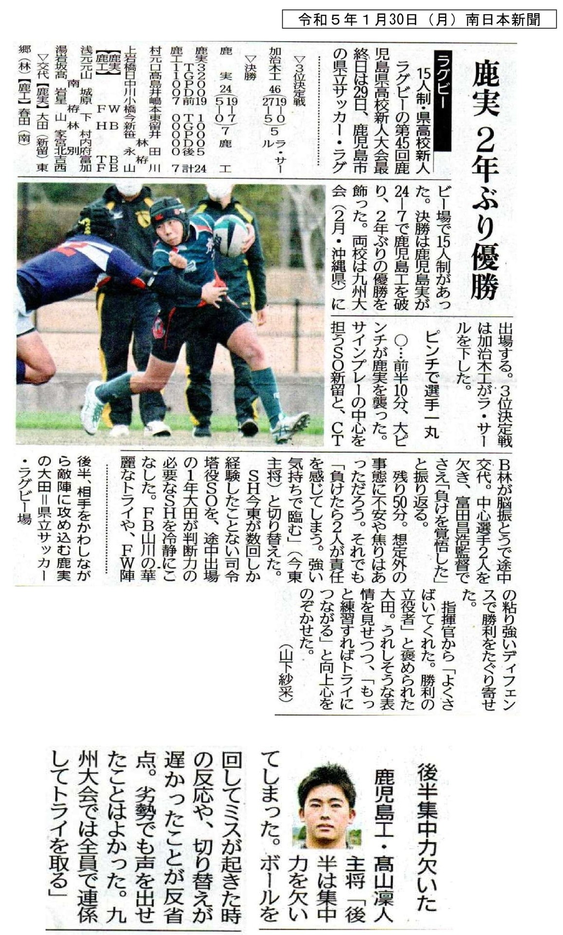 00令和５年１月30日（月）ラグビー県大会準優勝 南日本新聞